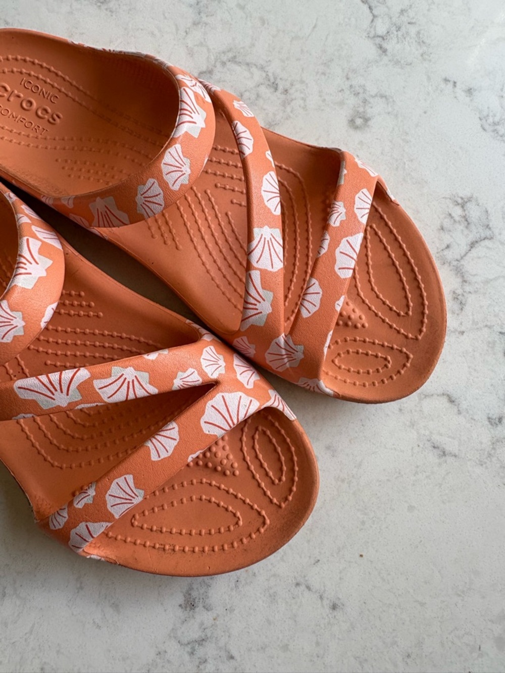 CROCS Coral Orange Shell-Print Multi-Strap Slides 8 - Picture 6 of 8